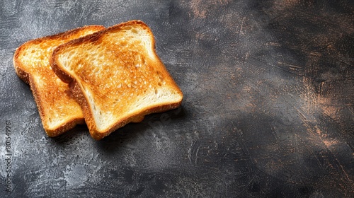  Two slices of toast on a black countertop, adjacent to one another