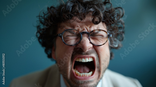 A man with glasses and a beard is screaming. Concept of anger and frustration