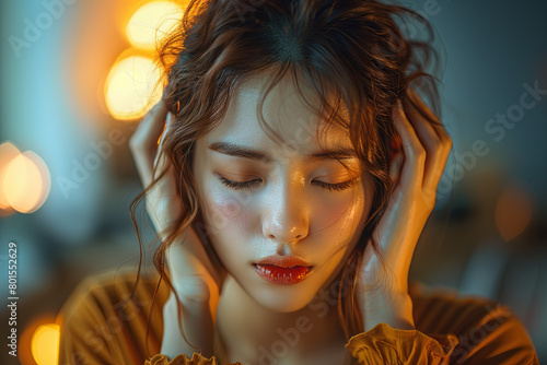 Asian woman with red lipstick and glittery eyeshadow is wearing a yellow shirt. She is looking down and she is in a contemplative mood