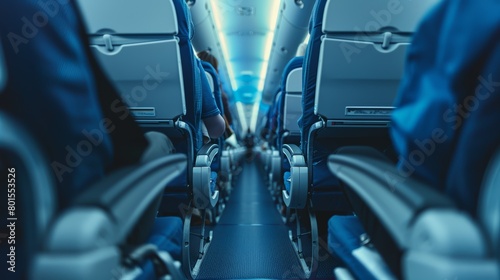 Empty airplane seats with blue upholstery.