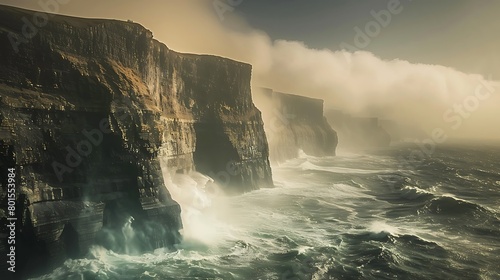 Rugged cliffs rise majestically from the churning sea below, their ancient faces weathered by the relentless march of time