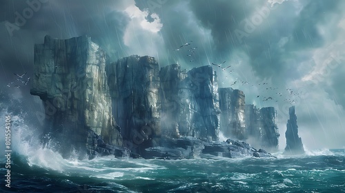 Rugged cliffs rise majestically from the churning sea below, their ancient faces weathered by the relentless march of time