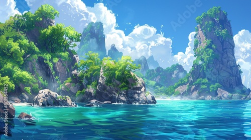 several small rocky islands covered in green vegetation. The water around the islands is a bright blue/turquoise mixture. 