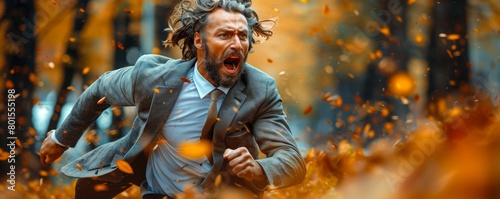 Man running amidst fiery leaves