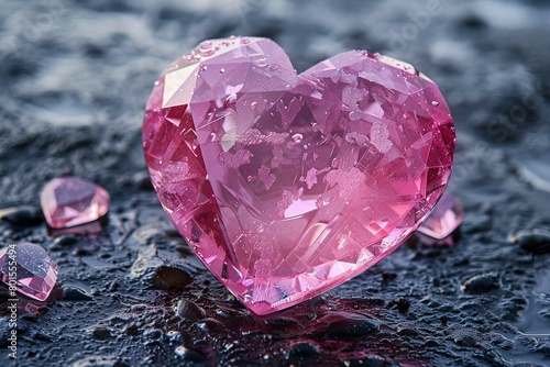 Heart-Shaped Pink Gem on a Moody, Wet Surface
