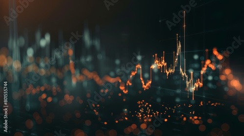 Abstract financial chart with upward trend line graph and bokeh light effect on dark background.
