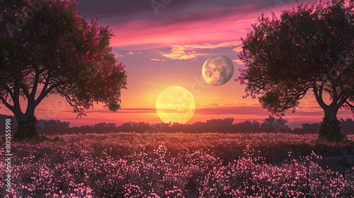 A sunset over a field of purple flowers. There are two large trees in the foreground, and a large moon in the background.