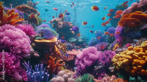 A colorful coral reef bustling with marine biodiversity, vibrant fish darting among the coral formations.