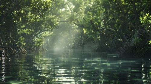 A dense mangrove forest along the coast, providing vital habitat for countless species and protecting against erosion.
