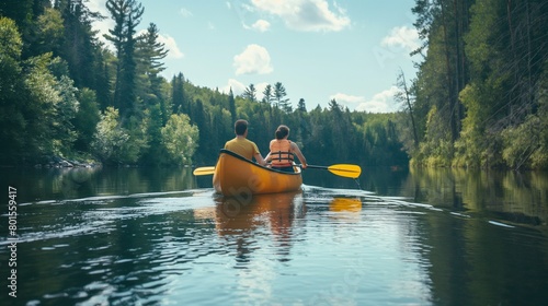 A family paddling together in a colorful canoe on a calm river, surrounded by tall trees.