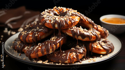 A sweet and indulgent plate of chocolate-covered pretzels with sea salt and caramel drizzle.