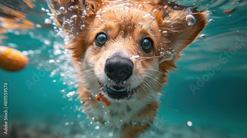 a cute happy corgi swimming underwater with visible teeth and joyful expression