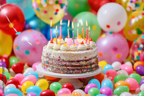 Colorful birthday cake with lit candles surrounded by balloons and confetti.