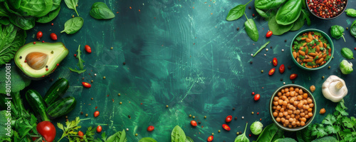 Fresh vegetables floating in water with bubbles on a teal background. Banner with copyspace area.