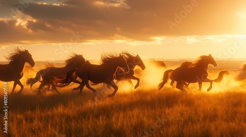 A herd of wild horses galloping across an open plain, their flowing manes catching the golden light of dawn.