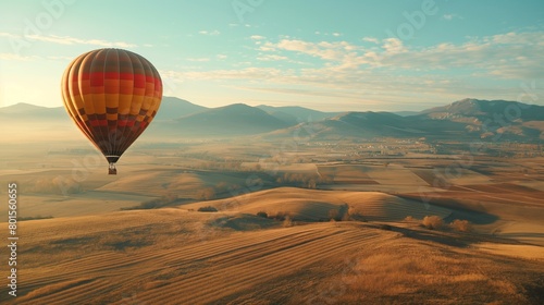 A hot air balloon drifting lazily over patchwork fields, with distant mountains looming on the horizon.