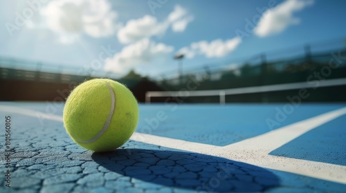 Tennis ball on a cracked blue court under cloudy skies. Outdoor sports scene. Active lifestyle and sports challenge concept. Design for sports banner, brochure