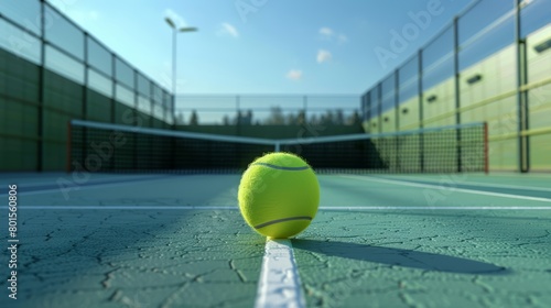 Tennis ball on a court line with a clear sky day background. Outdoor sports photography. Sports and recreation concept