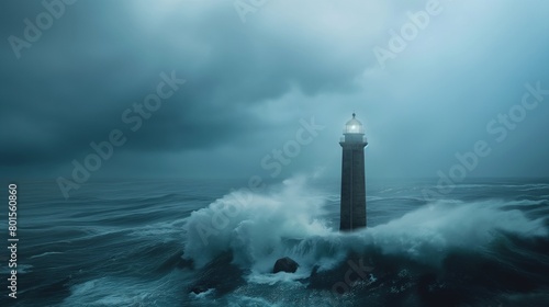 A lonely lighthouse standing tall against a stormy sea