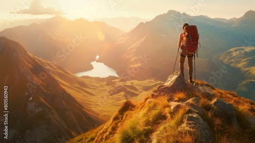 A lone hiker reaching the top of a mountain, taking in a breathtaking panoramic view of a vast valley bathed in golden sunlight.