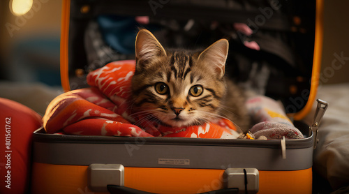 Um gato malhado em uma mala laranja em um quarto