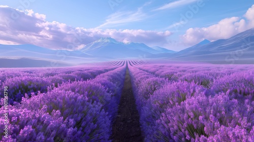 A panoramic view of a lavender field in full bloom, stretching towards the horizon in a sea of vibrant purple.