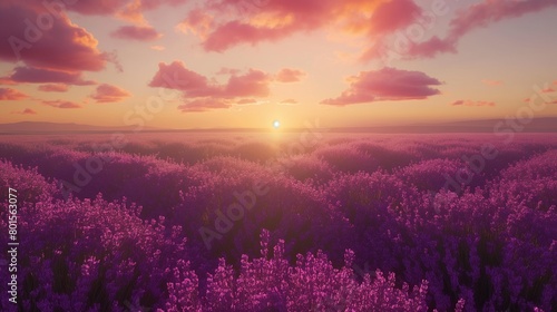 A vast lavender field gently swaying under a pastel sunset sky