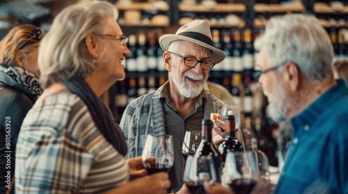Elderly couple at a wine and cheese social, sampling products and chatting with others
