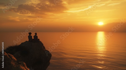 Couples watching the sunset from a cliffside vantage point, with the sea stretching into the horizon.