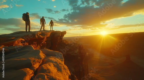 Friends climbing a rocky outcrop to watch the sunrise over a vast desert landscape.