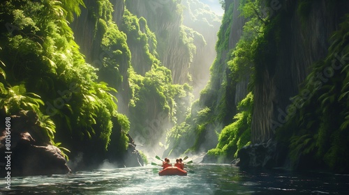 Friends rafting down a roaring river, surrounded by towering cliffs and verdant greenery.