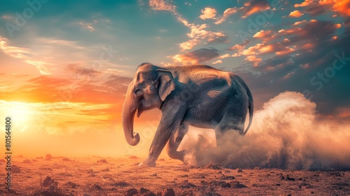 Elephant in the wild nature. Majestic animal in its natural habitat. Concept of wildlife, savanna ecosystem, nature conservation, natural beauty. Sunset