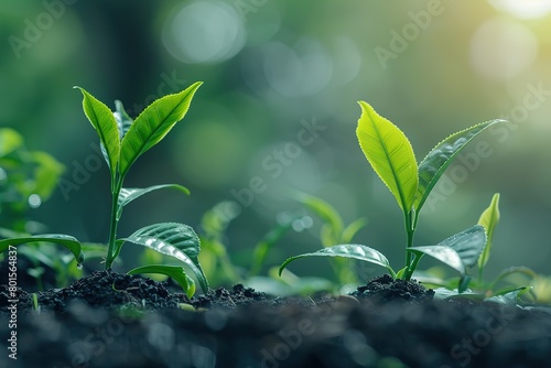 small green plants sprouting from the ground, growing in neat sequence on rich soil with a blurred light background,