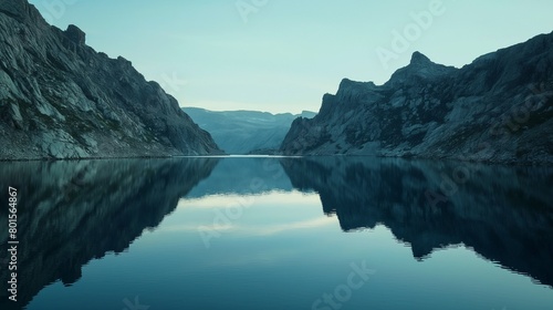 The still waters of a mountain lake reflecting the surrounding cliffs