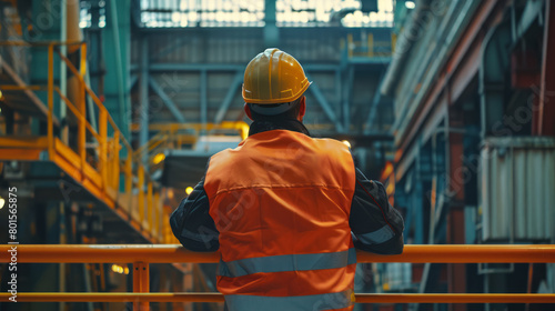 industrial worker in high visibility clothing overseeing plant operations, safety and management concept