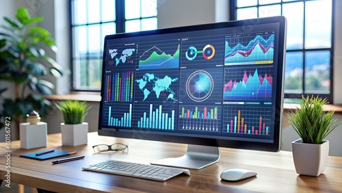 Computer monitor displaying an abstract network. Visualizing network health and dashboard with live data analytics monitoring with real-time data analytics, graphs, and system indicators.