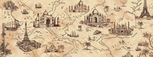 A detailed line art illustration of a vintage map, highlighting key landmarks and destinations.