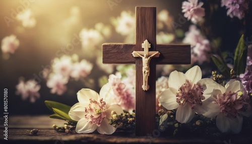 religious themed wooden cross and spring flowers