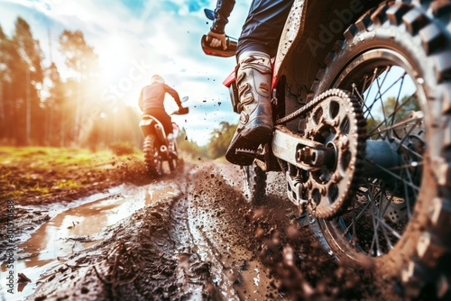 Two motocross riders racing in muddy conditions