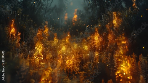  A hazy image of a forest ablaze with numerous yellow flames and water specks covering its surface