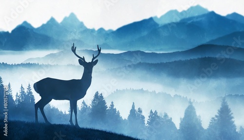 horizontal banner silhouette of deer doe fawn standing on hill forest and mountains in background magical misty landscape fog blue and gray illustration bookmark