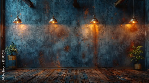 A grunge background with ceiling lights, a dark room with concrete slab walls, and a wooden floor