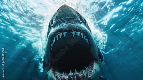 View of a shark from underneath, showing its open, menacing mouth filled with numerous teeth.