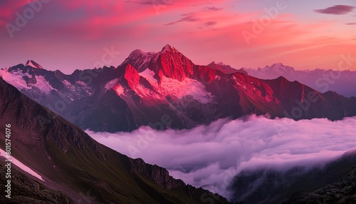 the drama of a misty mountain range illuminated by bold crimson lights capturing a breathtaking and powerful natural vista