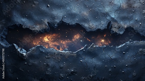 Stars and light in space from cracks in a wall. A dark universe with crack continuum for an impressive design. Modern illustration, background for text.