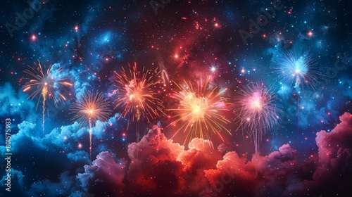 In the night sky, bright fireworks are set off against a dark background. A modern illustration of this background can be used to set the mood for a party, or for a festive design.