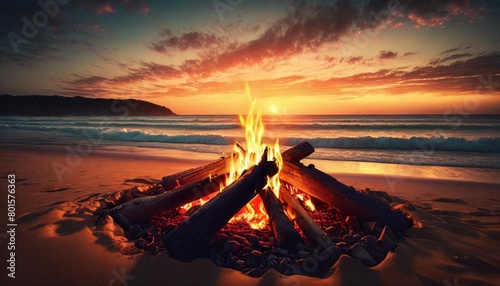 ai generated ai generative sunset evening night bonfire campfire fire wood at sea ocean coast beach sand adventure vacation trip camping vibe graphic art