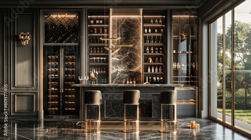 A stylish bar area with a marble countertop, wine storage, and elegant bar stools for entertaining guests in style.