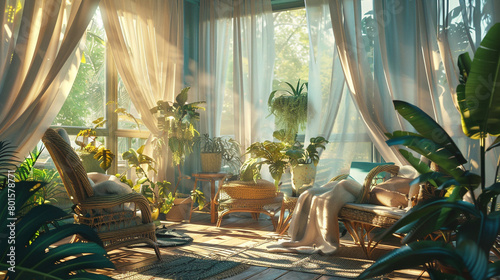 A sunroom with rattan furniture, potted plants, and sheer curtains billowing in the breeze.
