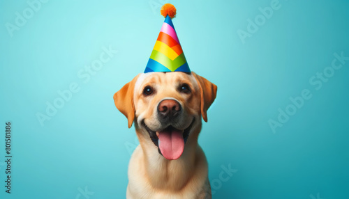Adorable yellow labrador retriever wearing a vibrant rainbow party hat, poised against a pleasing blue background, tongue out, exuding happiness and celebration vibes